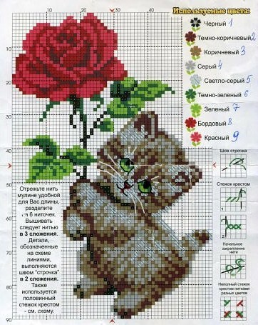 Схема для вышивки бисером котенка с розой